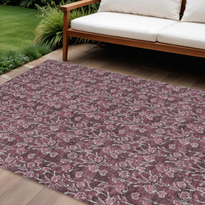 8' X 10' Merlot Mauve And Ivory Floral Washable Indoor Outdoor Area Rug
