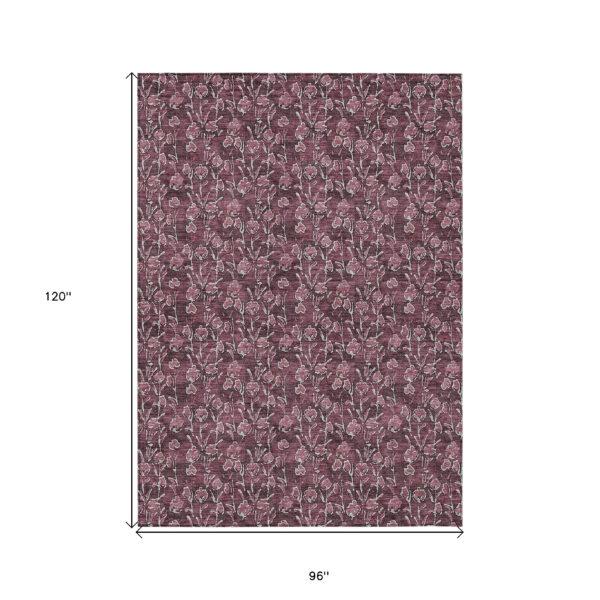 8' X 10' Merlot Mauve And Ivory Floral Washable Indoor Outdoor Area Rug