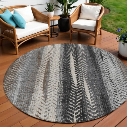 8' Brown Gray And Ivory Round Botanical Leaves Washable Indoor Outdoor Area Rug