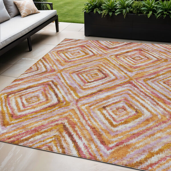 5' X 8' Orange Copper And Gold Geometric Washable Indoor Outdoor Area Rug