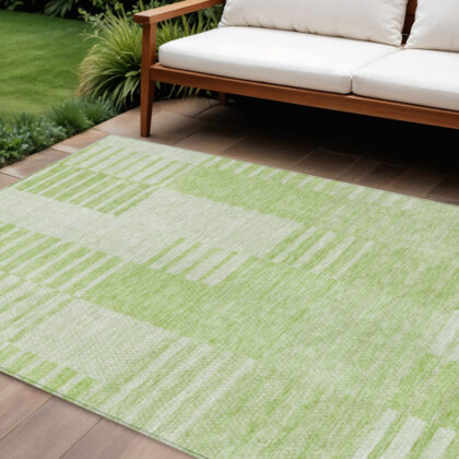 8' X 10' Artichoke Green And Mint Green Striped Washable Indoor Outdoor Area Rug