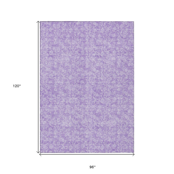 8' X 10' Lilac And Ivory Floral Washable Indoor Outdoor Area Rug