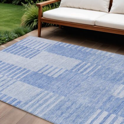 10' X 14' Sky Blue And Denim Blue Striped Washable Indoor Outdoor Area Rug