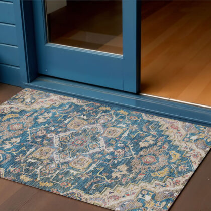 3' X 5' Blue Beige And Gold Oriental Washable Indoor Outdoor Area Rug