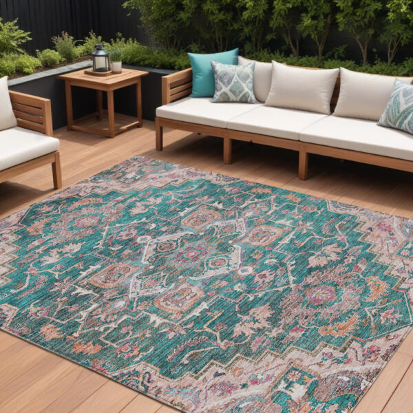 9' X 12' Emerald Teal Blue And Beige Oriental Washable Indoor Outdoor Area Rug