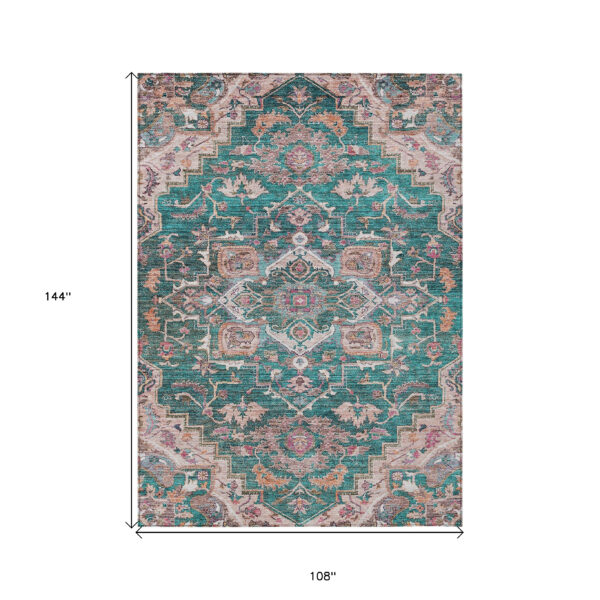9' X 12' Emerald Teal Blue And Beige Oriental Washable Indoor Outdoor Area Rug