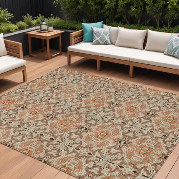 10' X 14' Terra Cotta Copper And Beige Medallion Washable Indoor Outdoor Area Rug