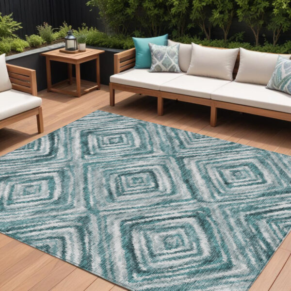 8' X 10' Teal Blue Aqua And Gray Geometric Washable Indoor Outdoor Area Rug