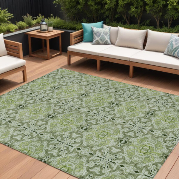 10' X 14' Artichoke Green And Fern Green Medallion Washable Indoor Outdoor Area Rug