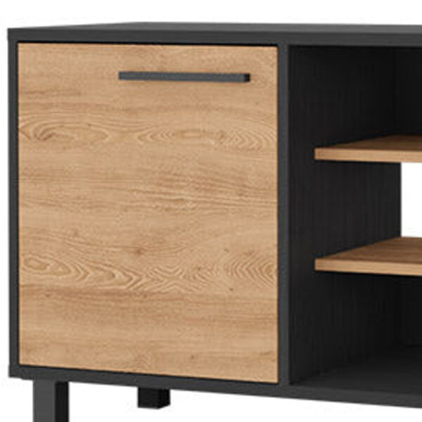 59" Black And Natural Wood Enclosed and Open Storage TV Stand
