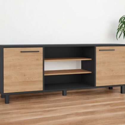 59" Black And Natural Wood Enclosed and Open Storage TV Stand