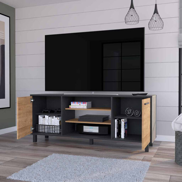 59" Black And Natural Wood Enclosed and Open Storage TV Stand