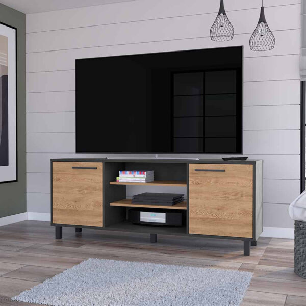 59" Black And Natural Wood Enclosed and Open Storage TV Stand