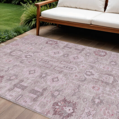 8' X 10' Pink Mauve And Blush Oriental Washable Indoor Outdoor Area Rug