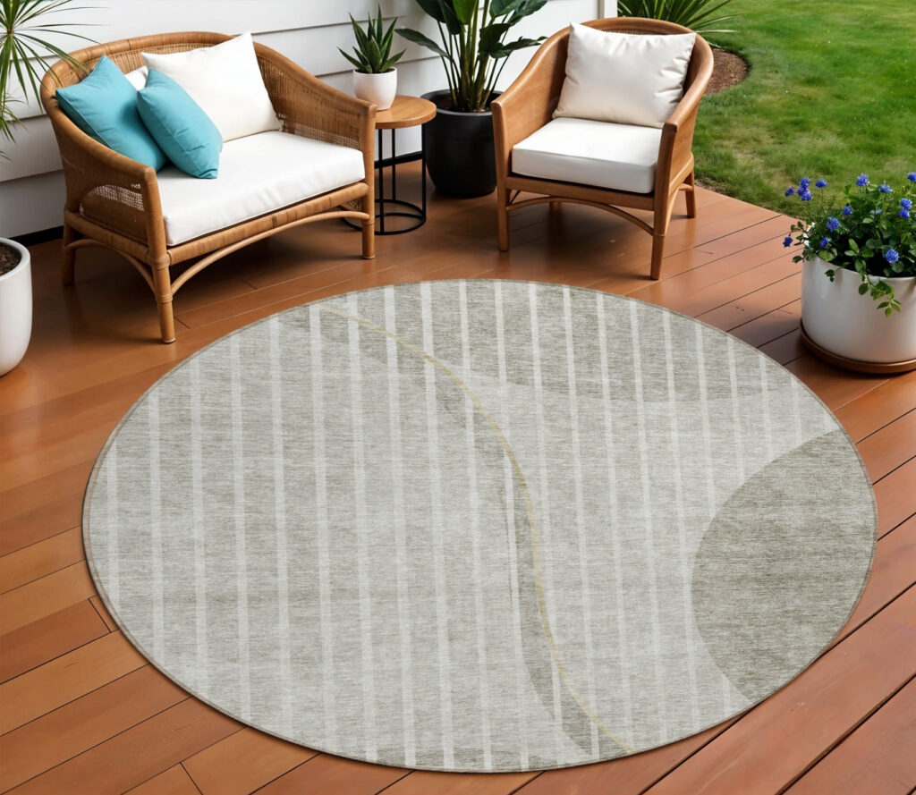 8' Taupe Beige And Ivory Round Striped Washable Indoor Outdoor Area Rug