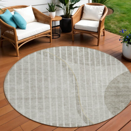 8' Taupe Beige And Ivory Round Striped Washable Indoor Outdoor Area Rug