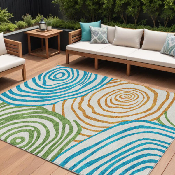 10' X 14' White Orange And Teal Blue Abstract Washable Indoor Outdoor Area Rug