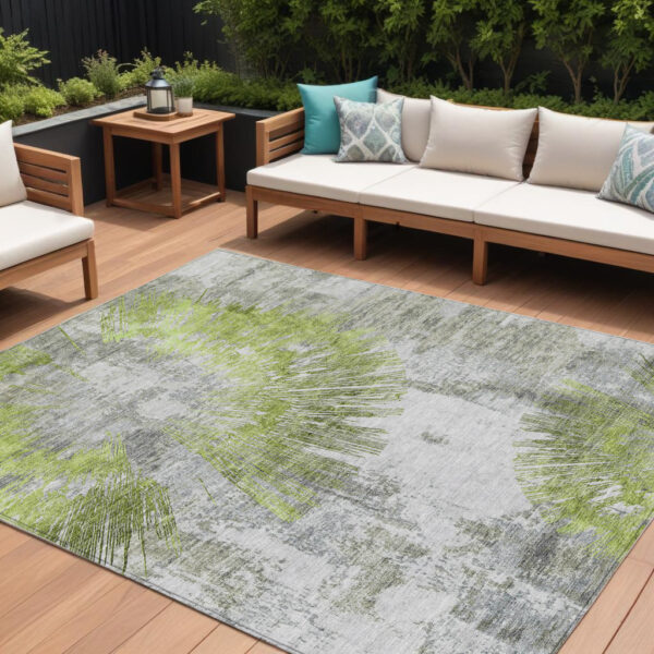 9' X 12' Artichoke Green Gray And Charcoal Abstract Washable Indoor Outdoor Area Rug