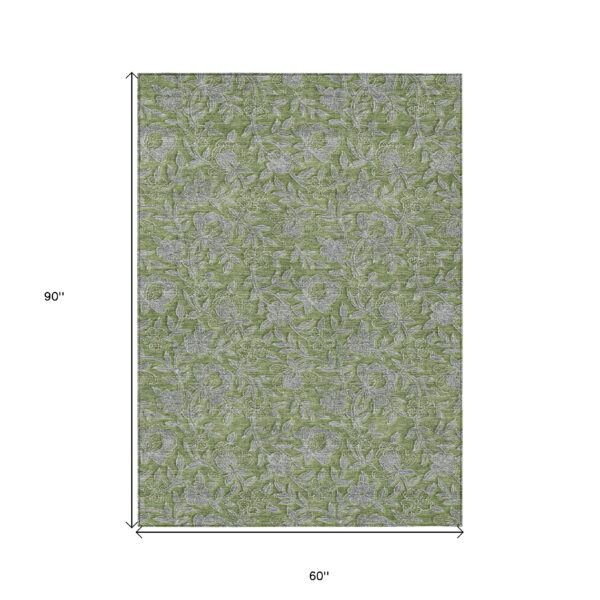 5' X 8' Olive Green And Gray Floral Washable Indoor Outdoor Area Rug
