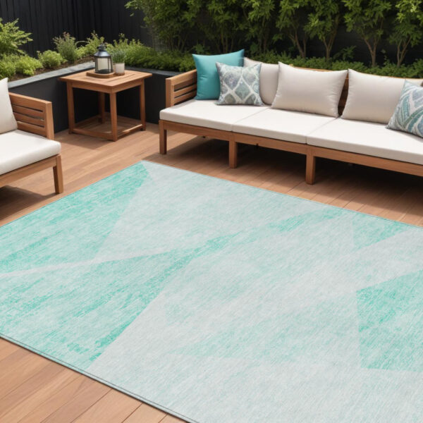 9' X 12' Aqua Sky Blue And Ivory Abstract Washable Indoor Outdoor Area Rug