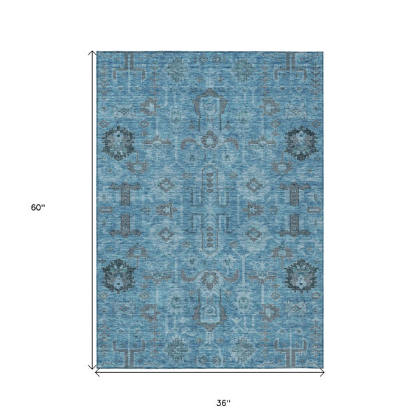 3' X 5' Sky Blue And Gray Oriental Washable Indoor Outdoor Area Rug