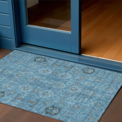 3' X 5' Sky Blue And Gray Oriental Washable Indoor Outdoor Area Rug