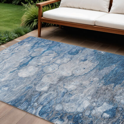 9' X 12' Denim Blue And Sky Blue Abstract Washable Indoor Outdoor Area Rug