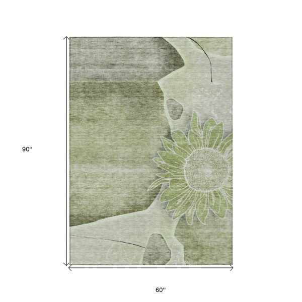 5' X 8' Artichoke Green And Gray Floral Washable Indoor Outdoor Area Rug