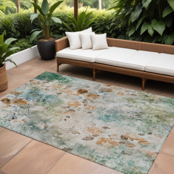 10' X 14' Teal Blue Blue And Green Floral Washable Indoor Outdoor Area Rug