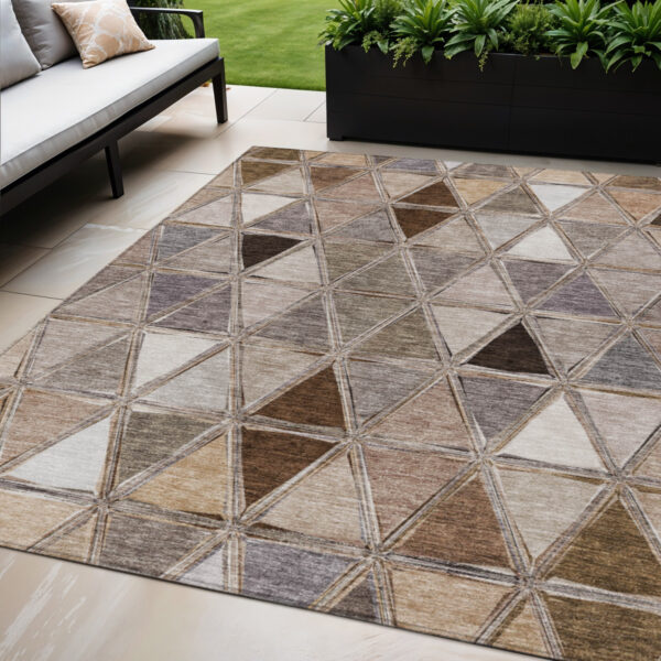 5' X 8' Brown Beige And Khaki Geometric Washable Indoor Outdoor Area Rug