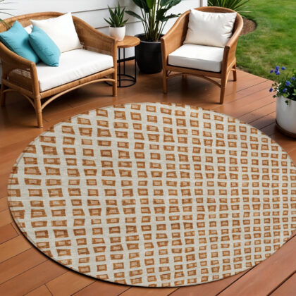 8' Orange Beige And Copper Round Geometric Washable Indoor Outdoor Area Rug