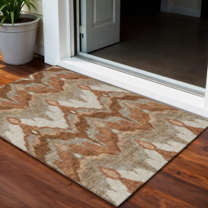 3' X 5' Orange Beige And Copper Ikat Washable Indoor Outdoor Area Rug