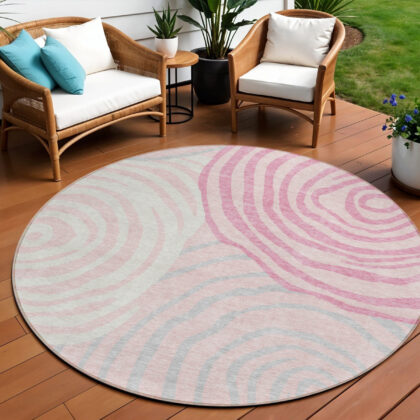 8' Pink Ivory And Gray Round Abstract Washable Indoor Outdoor Area Rug