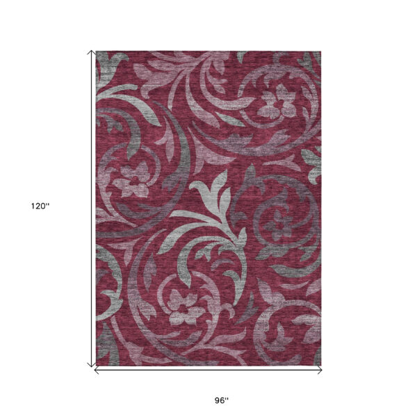 8' X 10' Red Gray And Silver Floral Washable Indoor Outdoor Area Rug