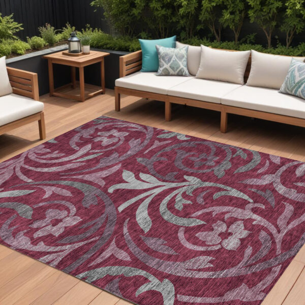 8' X 10' Red Gray And Silver Floral Washable Indoor Outdoor Area Rug