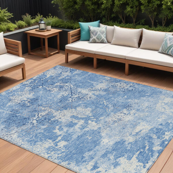 8' X 10' Denim Blue And Sky Blue Floral Washable Indoor Outdoor Area Rug