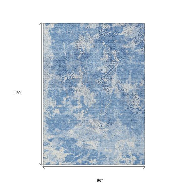 8' X 10' Denim Blue And Sky Blue Floral Washable Indoor Outdoor Area Rug