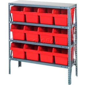 Quantum 1839-SB808 Steel Shelving with 12 8""H Plastic Shelf Bins Red 36x18x39-SB4 Shelves