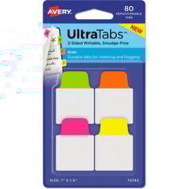 Avery® Ultra Tabs Repositionable Tabs 1"" x 1-1/2"" Neon Green Orange Pink Yellow 80/Pack