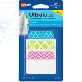 Avery® Ultra Tabs Repositionable Tabs 2"" x 1-1/2"" Patterns Blue Green Pink 24/Pack