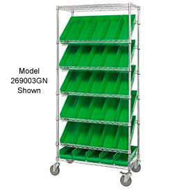 Global Industrial™ Easy Access Slant Shelf Chrome Wire Cart 18 4""H Shelf Bins Green 36Lx18Wx74H