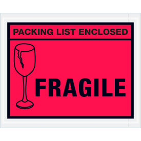 Full Face Envelopes ""Packing List Enclosed-Fragile"" Print 5-1/2""L x 4-1/2""W Red 1000/Pack