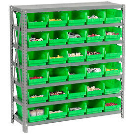 Global Industrial™ Steel Shelving with 30 4""H Plastic Shelf Bins Green 36x18x39-7 Shelves