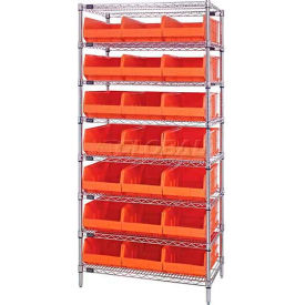 Quantum WR8-465 Chrome Wire Shelving with 21 SSB465 Stackable Shelf Bins Orange 36x18x74