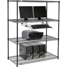 Nexel™ 4-Shelf Wire Computer LAN Workstation with Keyboard Tray 48""W x 24""D x 63""H Black
