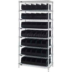 Quantum WR8-441 Chrome Wire Shelving with 35 SSB441 Stackable Shelf Bins Black 36x14x74