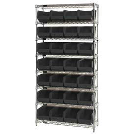 Global Industrial™ Chrome Wire Shelving w/ 28 Stacking Black Bins 36""W x 14""D x 74""H Gray