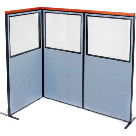 Interion® Deluxe Freestanding 3-Panel Corner Divider w/Partial Window 36-1/4""W x 73-1/2""H Blue