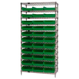 Global Industrial™ Chrome Wire Shelving with 33 4""H Plastic Shelf Bins Green 36x14x74