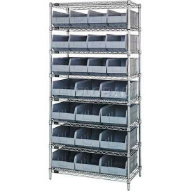 Quantum WR8-483485 Chrome Wire Shelving w/12 SSB483 12 SSB485 Stackable Shelf Bins Gray 36x21x74